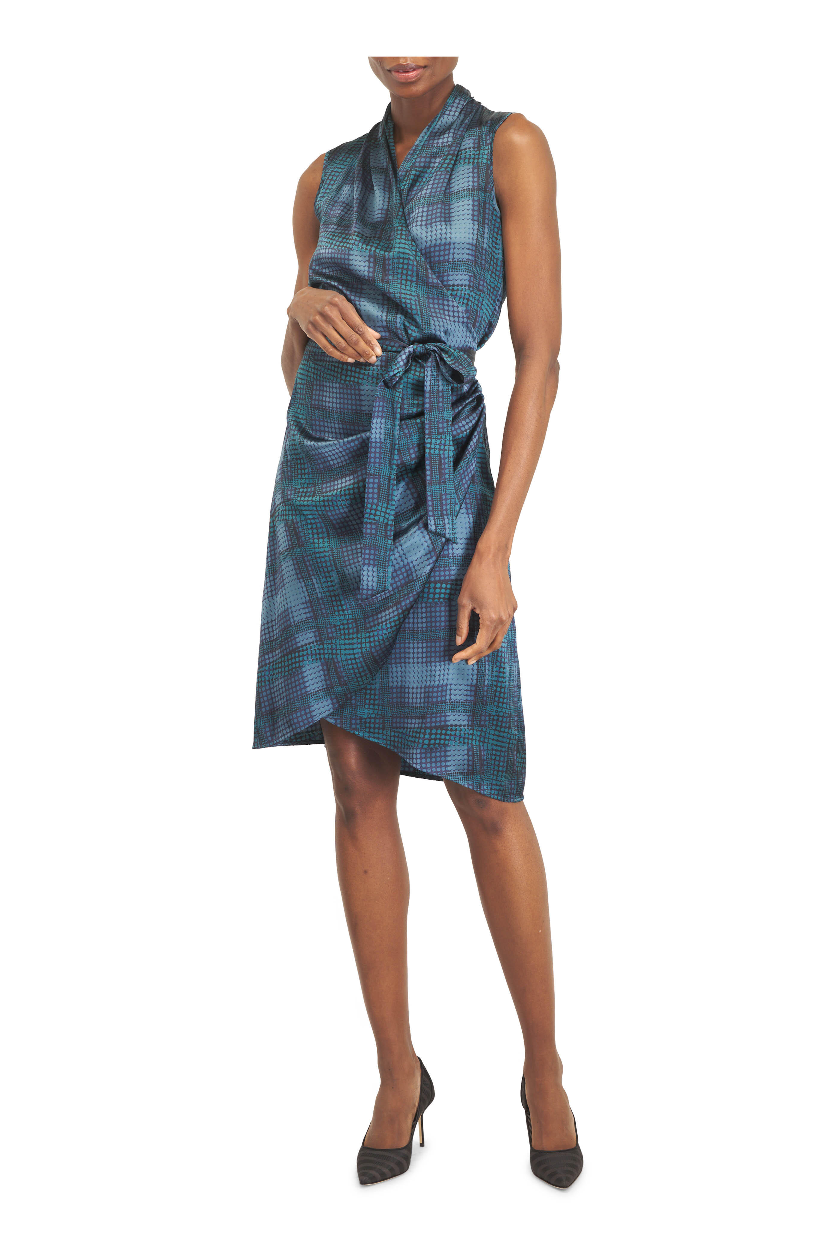 Kiton - Light & Dark Blue Print Sleeveless Silk Wrap Dress - view 2