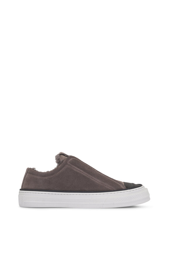 Brunello Cucinelli Dark Gray Monili Suede Shearling Lined Sneaker - view 2