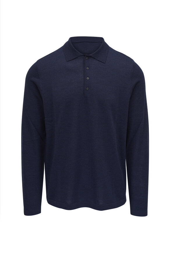 Patrick Assaraf Navy Merino Wool Long Sleeve Polo