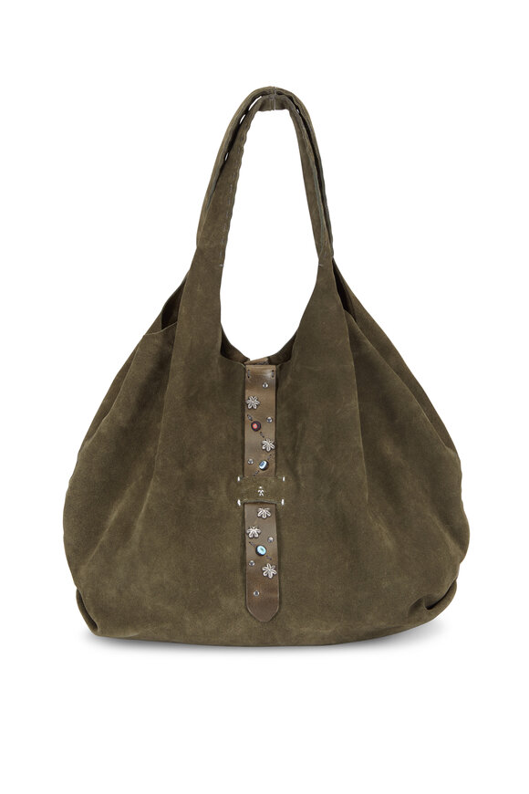 Henry Beguelin - Olive Green Suede Studded Belt Detail Hobo Bag