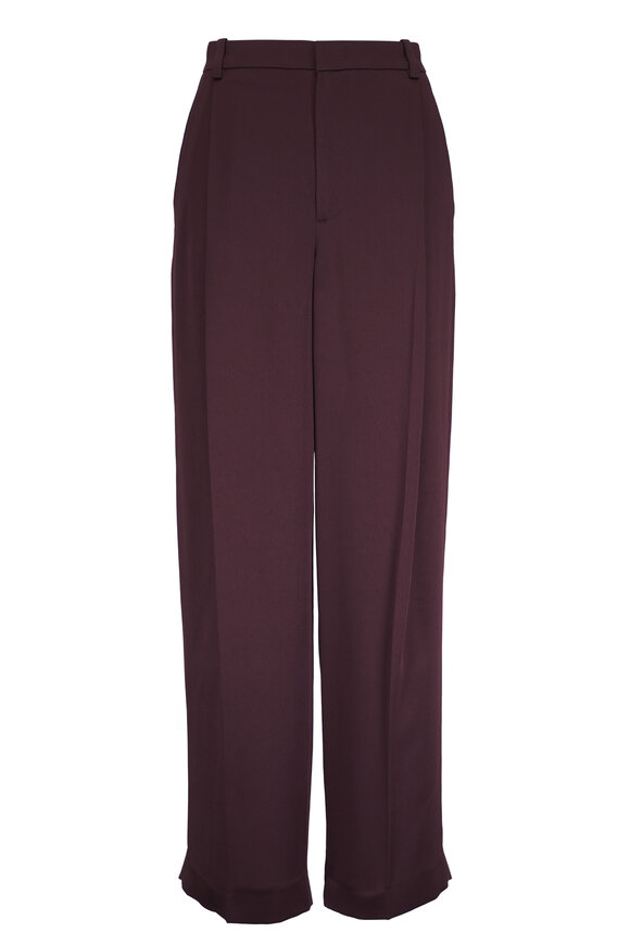 Vince Dark Fig Satin Pleated Wide Leg Pant