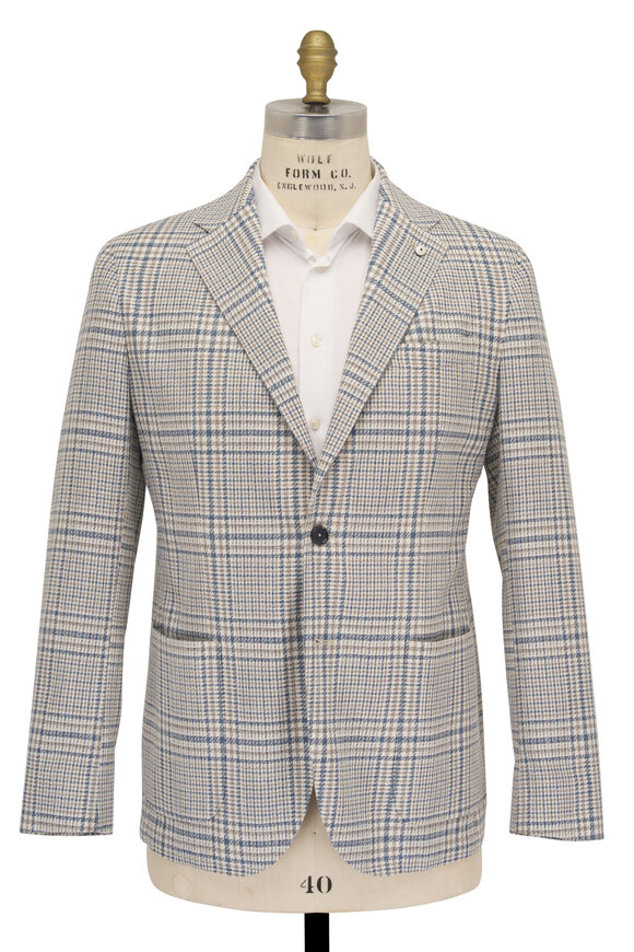 L.B.M. 1911 - Blue, Cream & Brown Plaid Cotton Sportcoat 