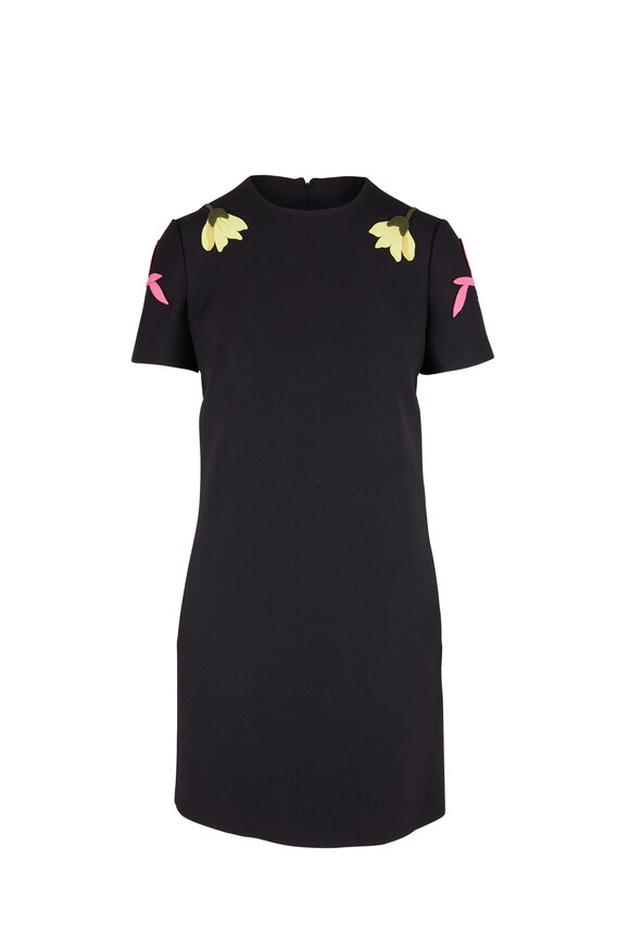 Valentino - Black Embroidered Flower Short Sleeve Dress