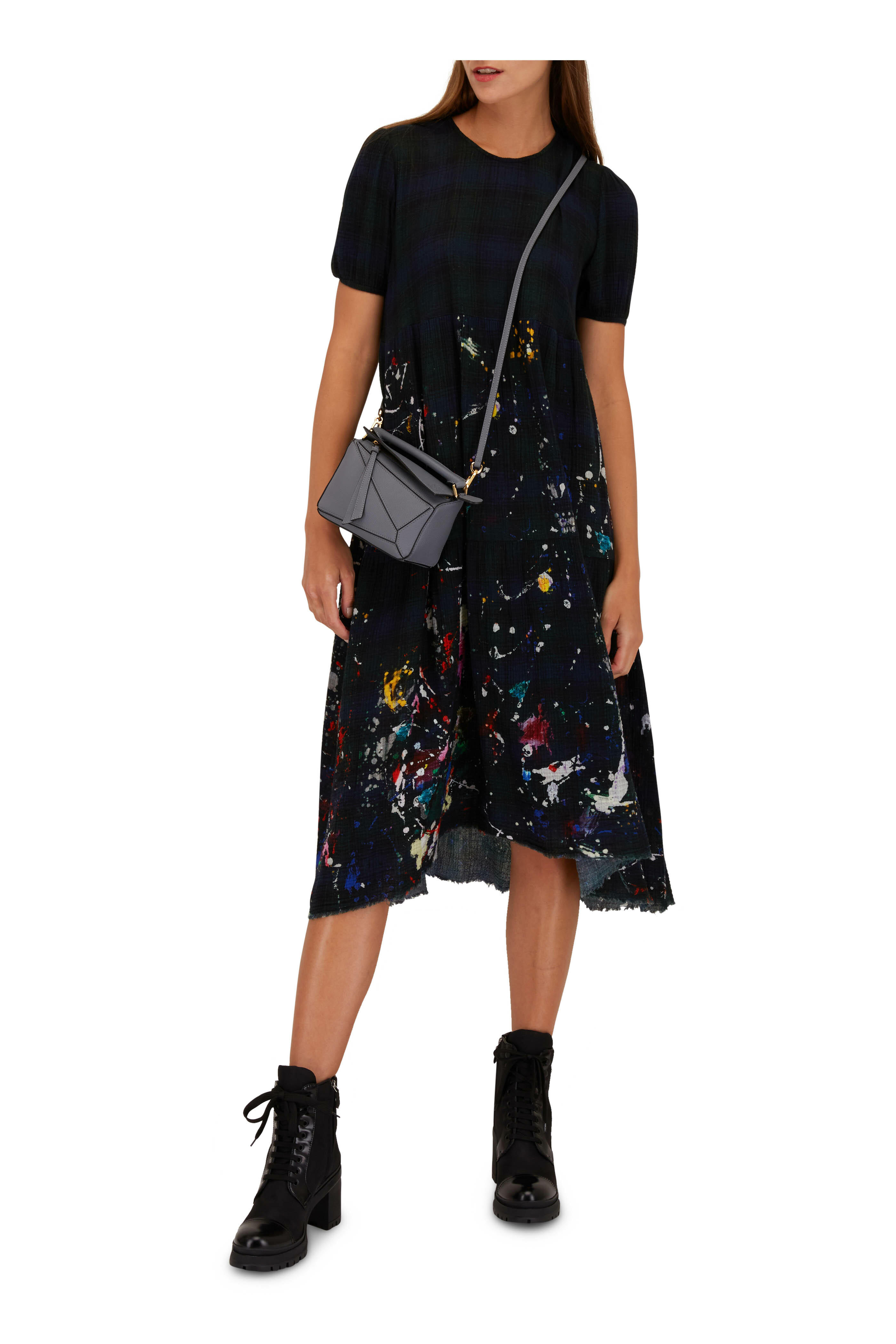 R13 - Navy Plaid Paint Splatter Midi Dress