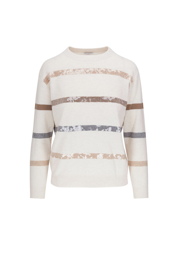 Brunello Cucinelli - Oat Striped Sequin Cashmere Sweater