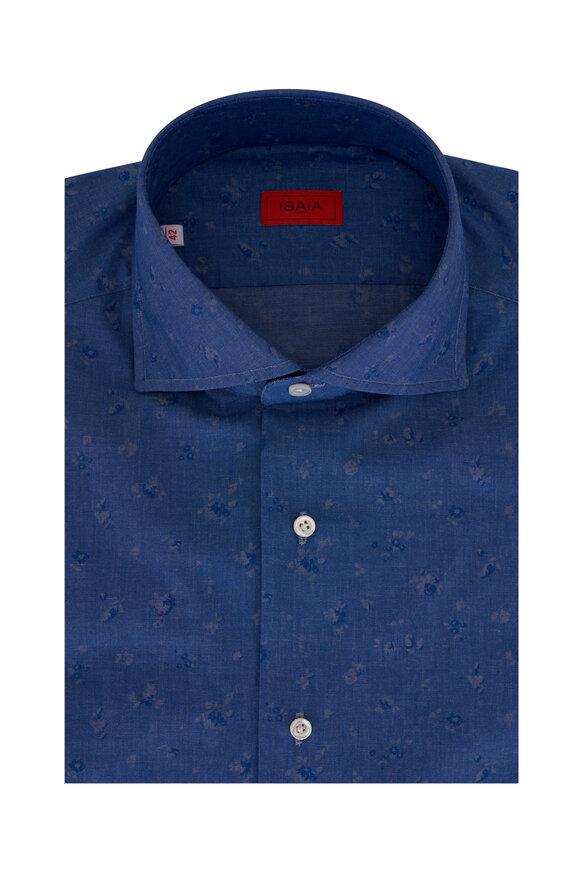 Isaia - Tonal Blue Floral Print Cotton Sport Shirt
