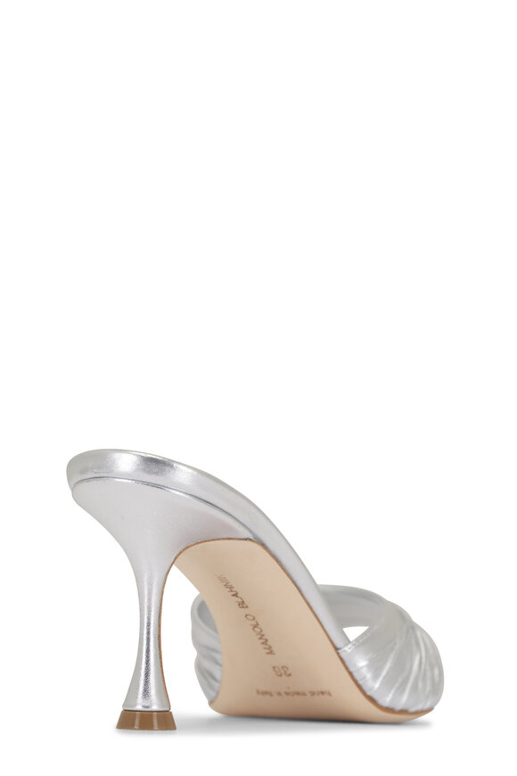 Manolo Blahnik Pirua Silver Ruched Leather Sandal, 70mm - view 4