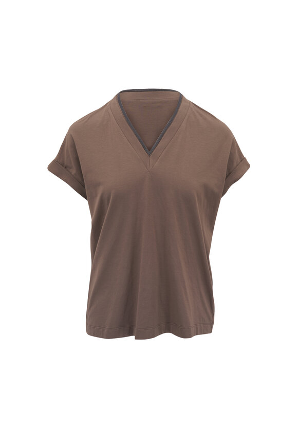 Brunello Cucinelli - Charcoal Brown Raffia Net Embellished V