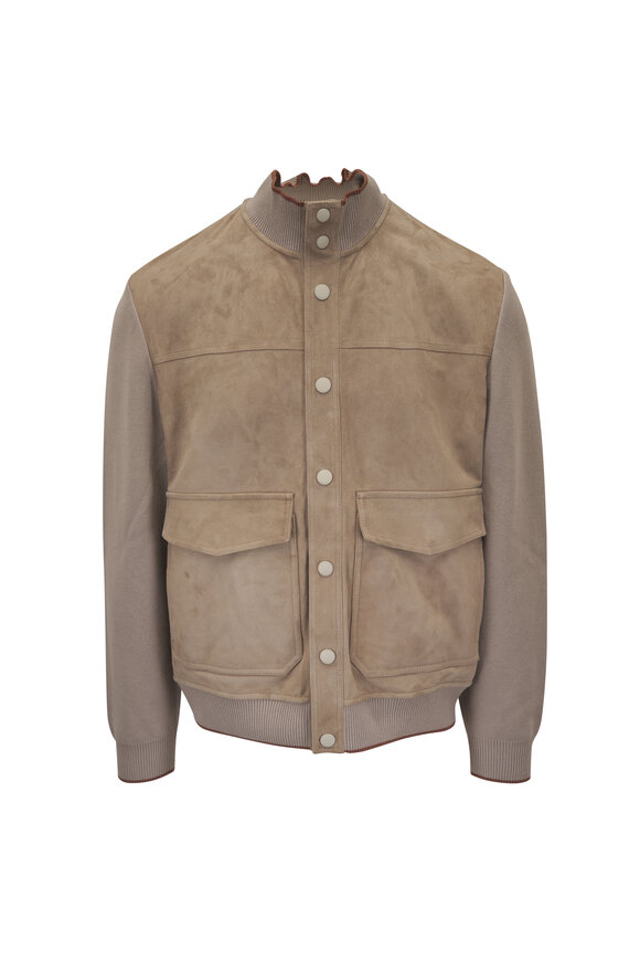 Canali Beige Suede & Knit Bomber Jacket