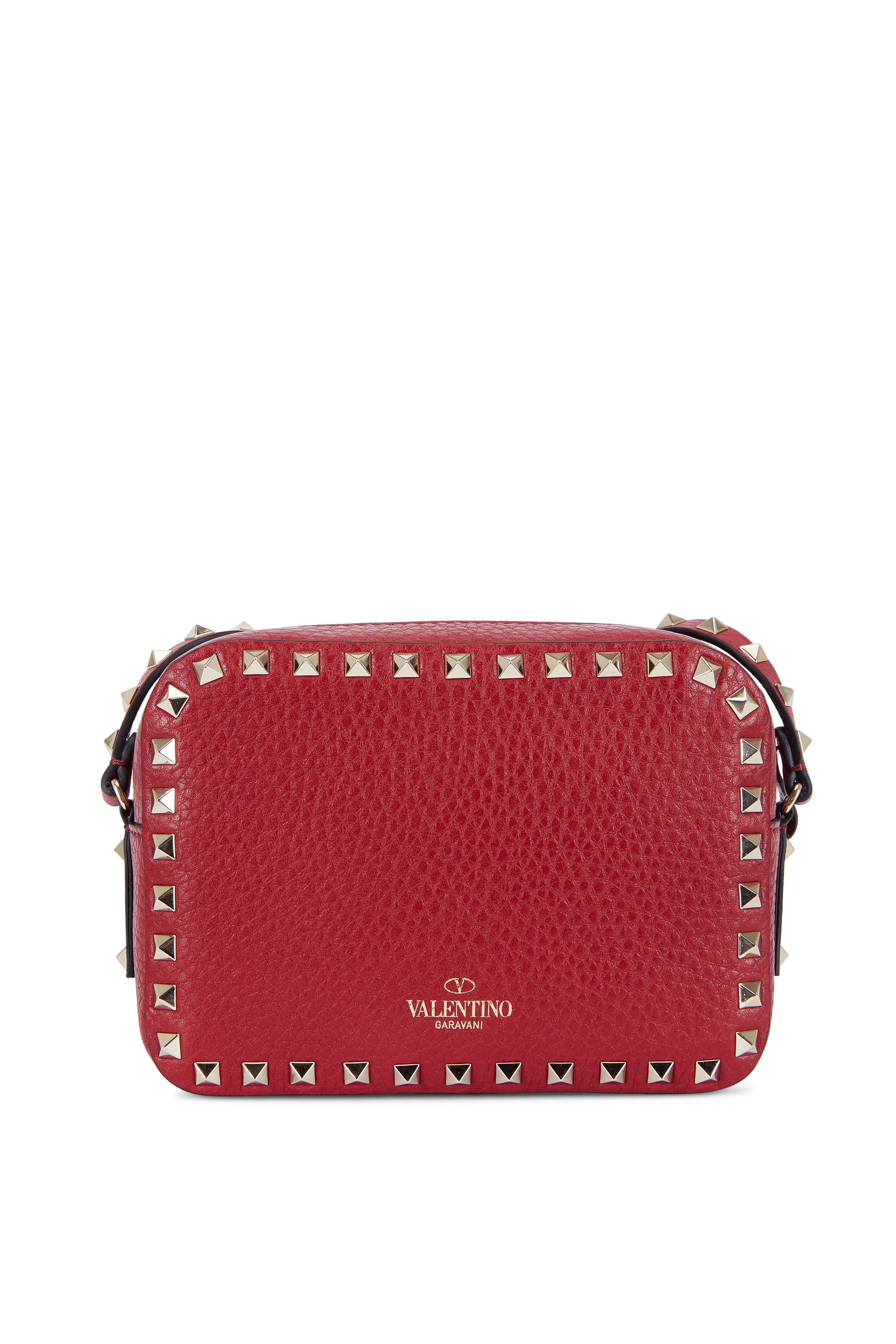 Valentino Red Pebbled Leather Rockstud Double Handle Crossbody Satchel