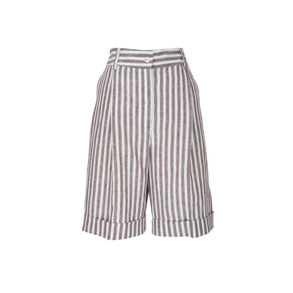 【関税込み】kiton EMBROIDERED LINEN BERMUDA SHORTS Kiton - Brown & White Stripe Linen Short | Mitchell Stores