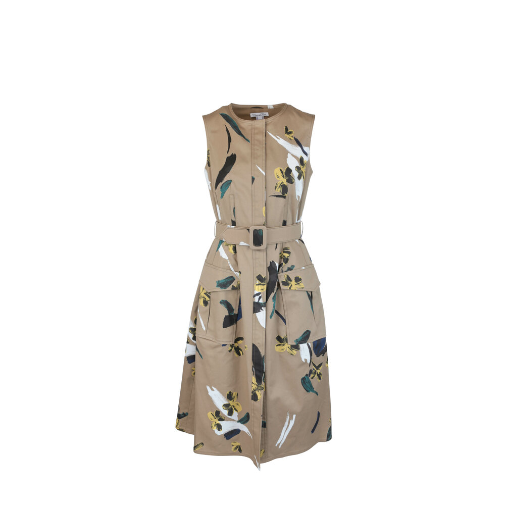 Oscar de la Renta - Khaki Floral Stretch Cotton Belted Dress
