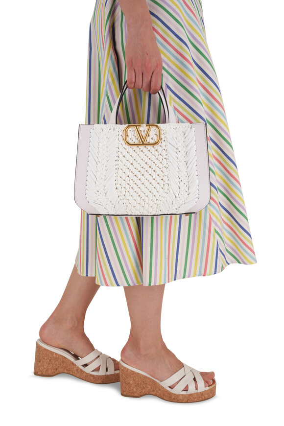 Valentino Garavani - White V-Logo Signature Raffia & Leather Handbag 