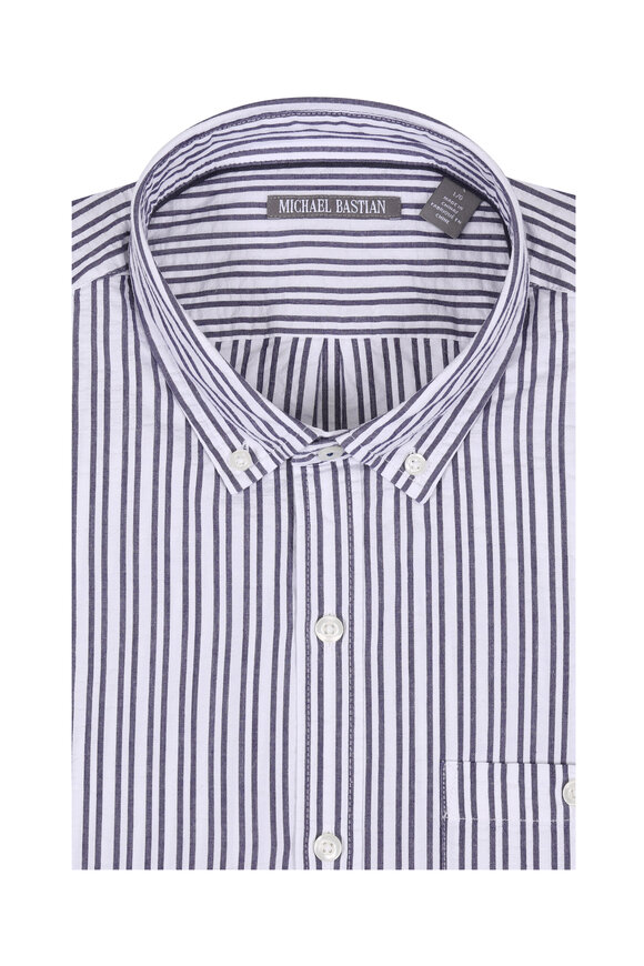 Michael Bastian Blue Striped Seersucker Short Sleeve Sport Shirt