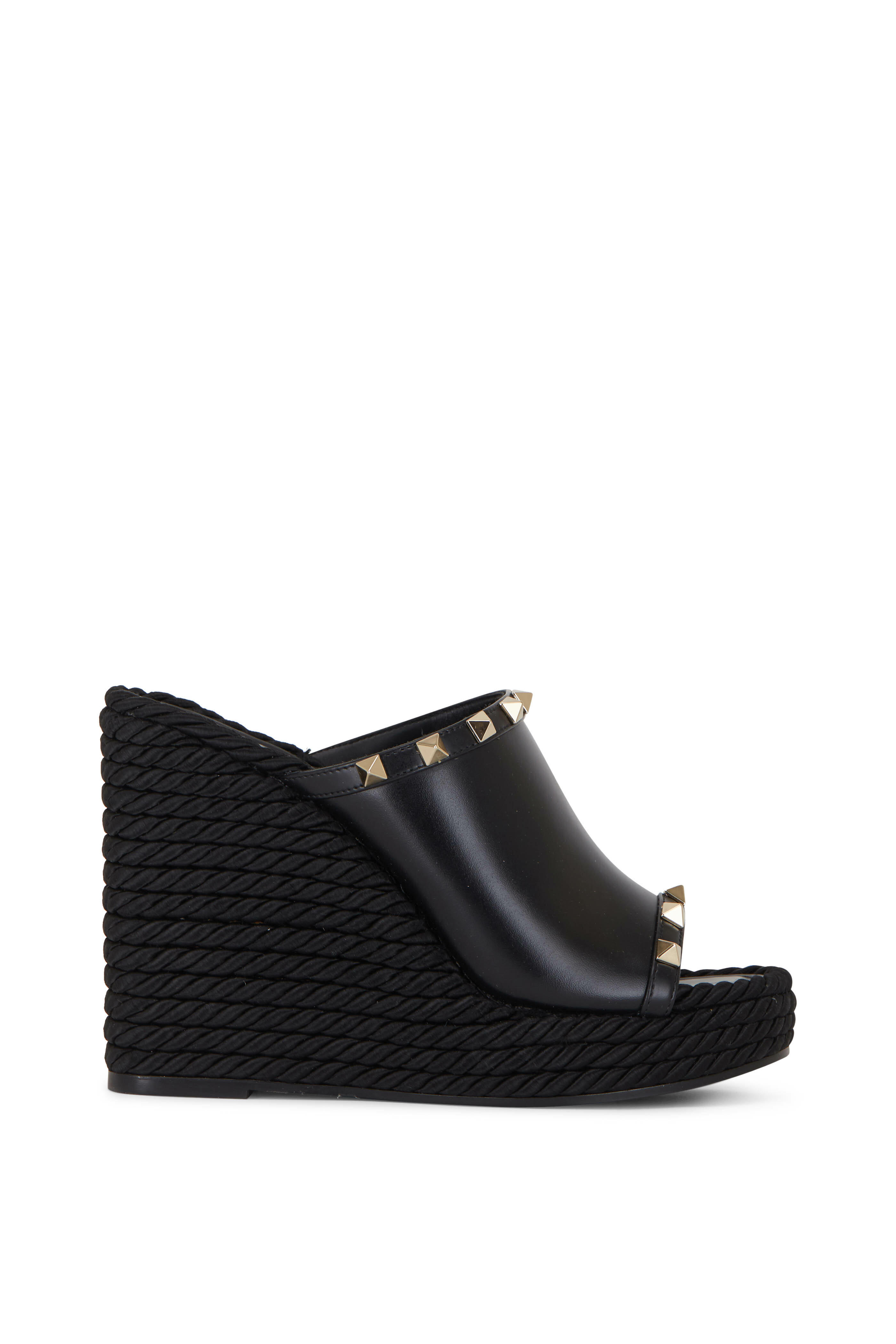 Valentino Garavani - Rockstud Black Leather Rockstud Wedge, 115mm