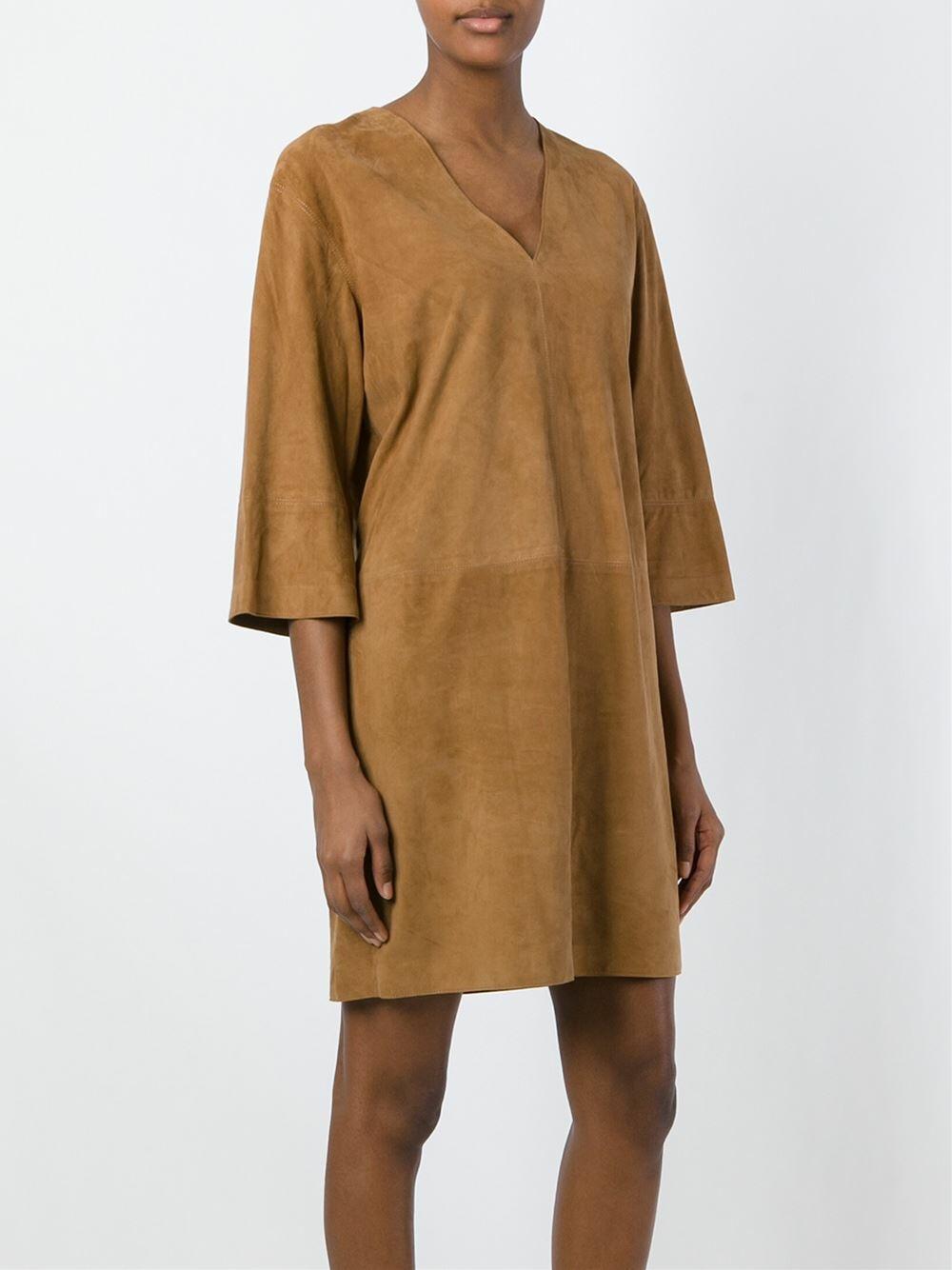 Vince - Khaki Suede Three-Quarter Sleeve Shift Dress