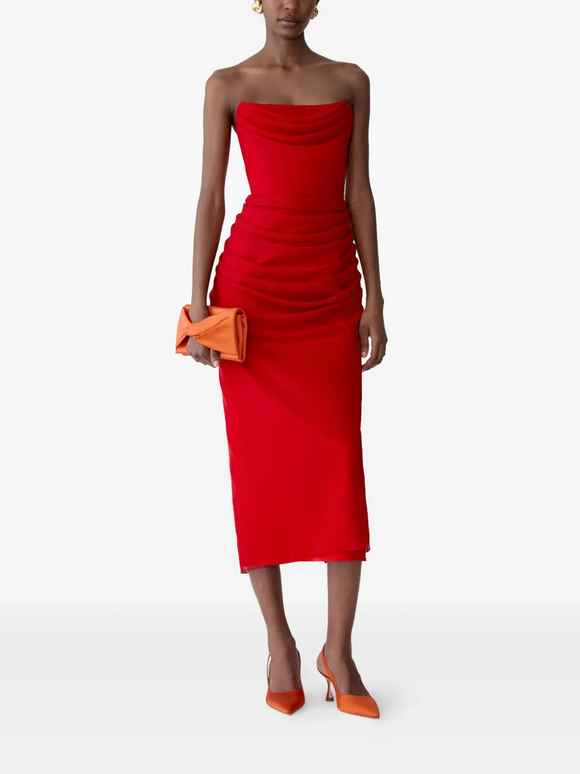 Carolina Herrera Herrera Red Strapless Draped Midi Dress - view 8