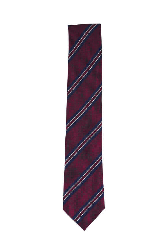 Zegna Burgundy & Navy Stripe Silk Jacquard Necktie - view 1
