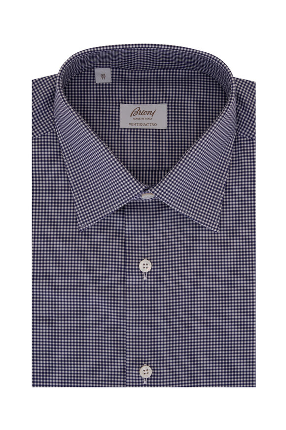 Brioni - Blue & White Gingham Cotton Dress Shirt