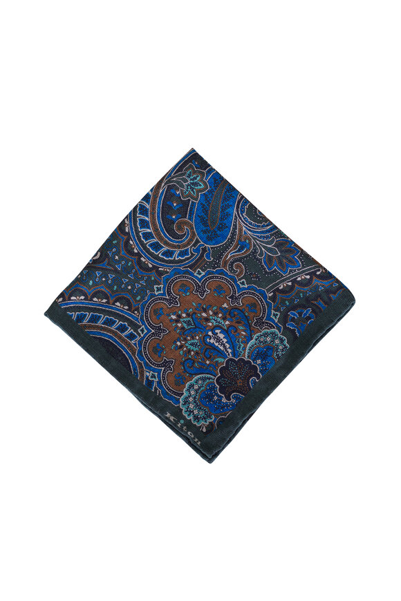 Kiton Copper & Navy Paisley Print Silk Pocket Square