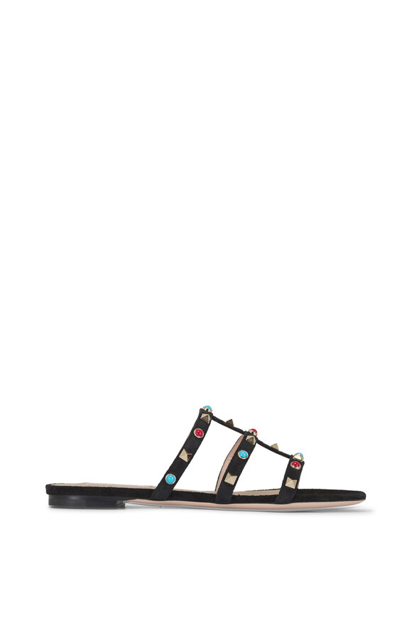 Valentino Garavani Black Multicolor Suede Rockstud & Stone Sandal - view 3