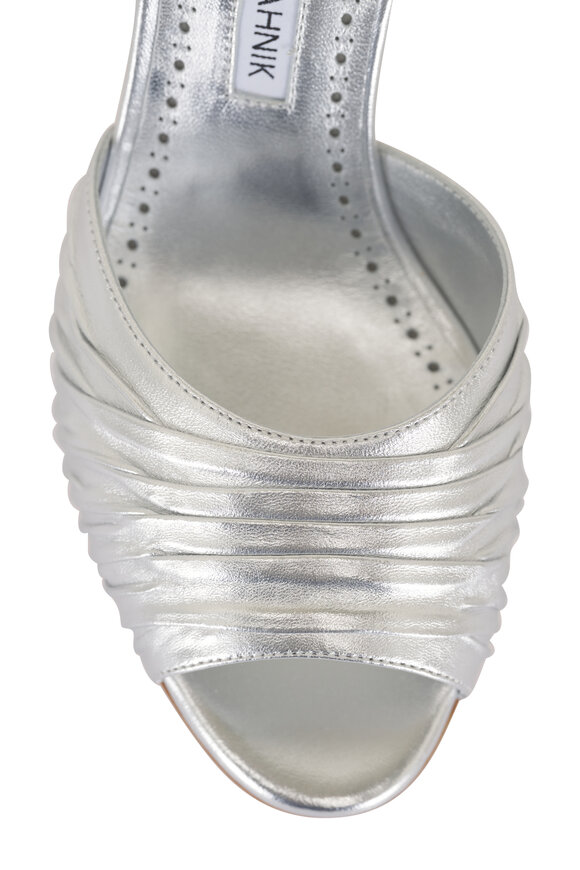 Manolo Blahnik Pirua Silver Ruched Leather Sandal, 70mm - view 5