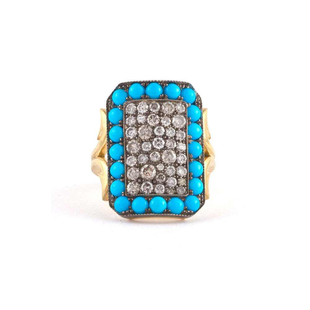 Sylva & Cie - Turquoise and Grey Diamond Ten Table Ring