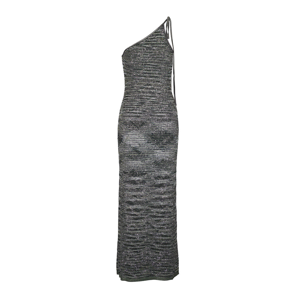 Missoni Black Green Sequin Maxi One Shoulder Dress