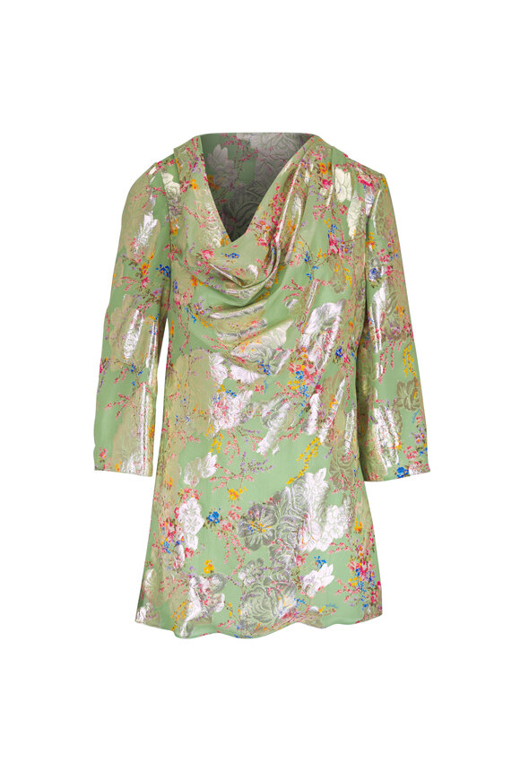 Valentino Green & Gold Lamé Floral Print Fil Coupé Blouse