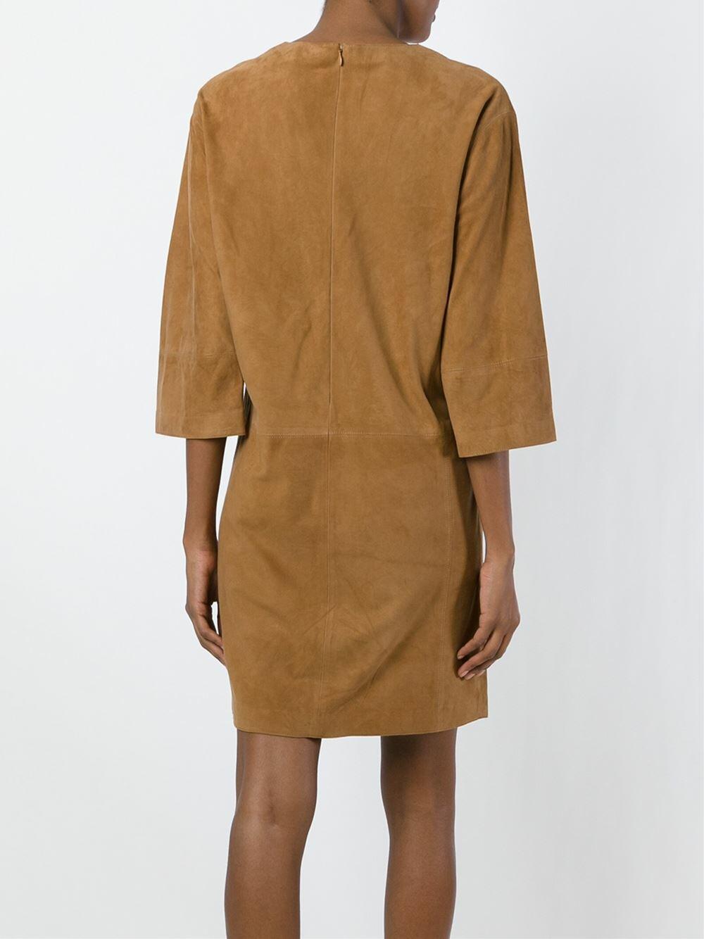 Vince - Khaki Suede Three-Quarter Sleeve Shift Dress