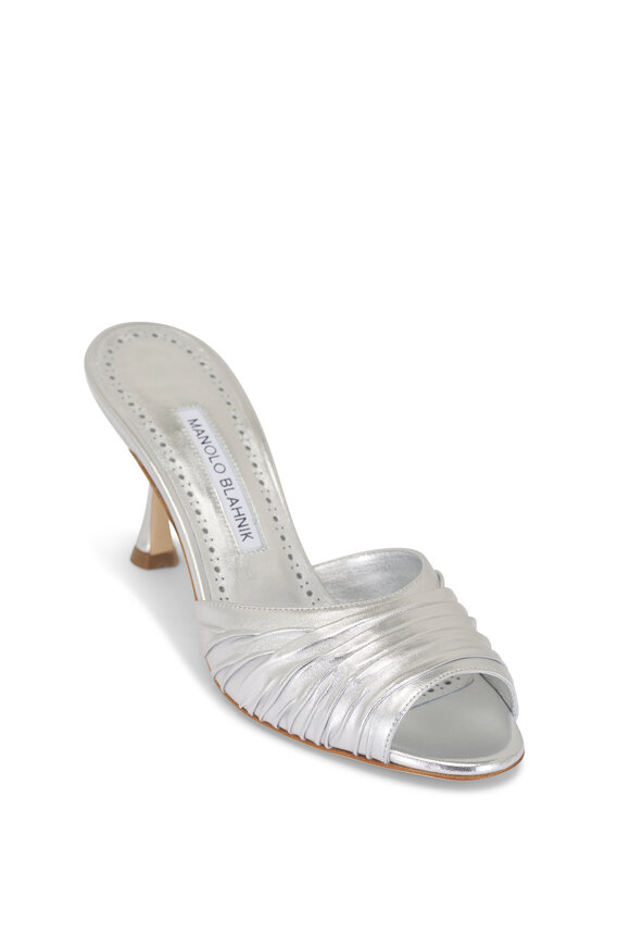 Manolo Blahnik Pirua Silver Ruched Leather Sandal, 70mm