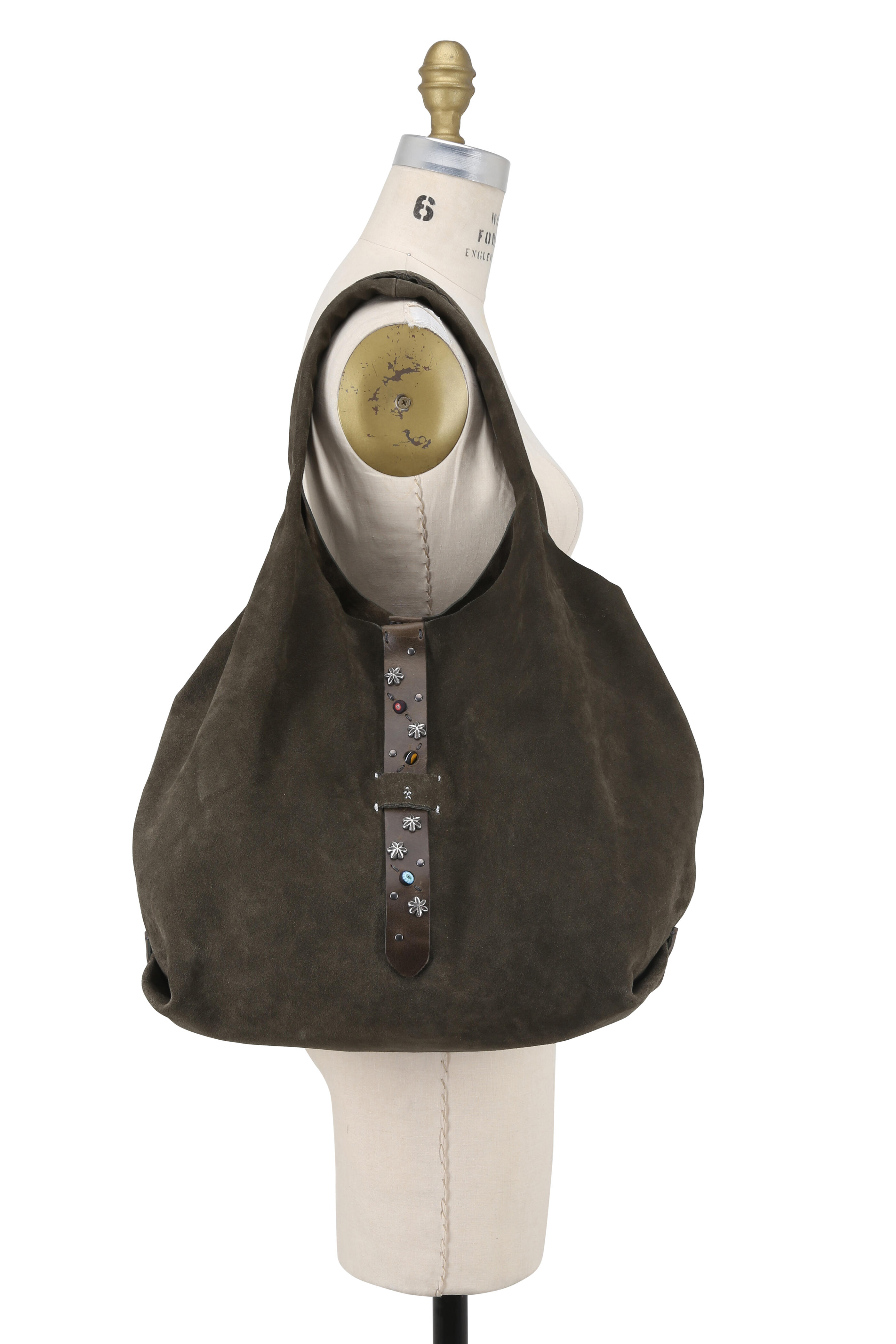 Henry Beguelin - Olive Green Suede Studded Belt Detail Hobo Bag