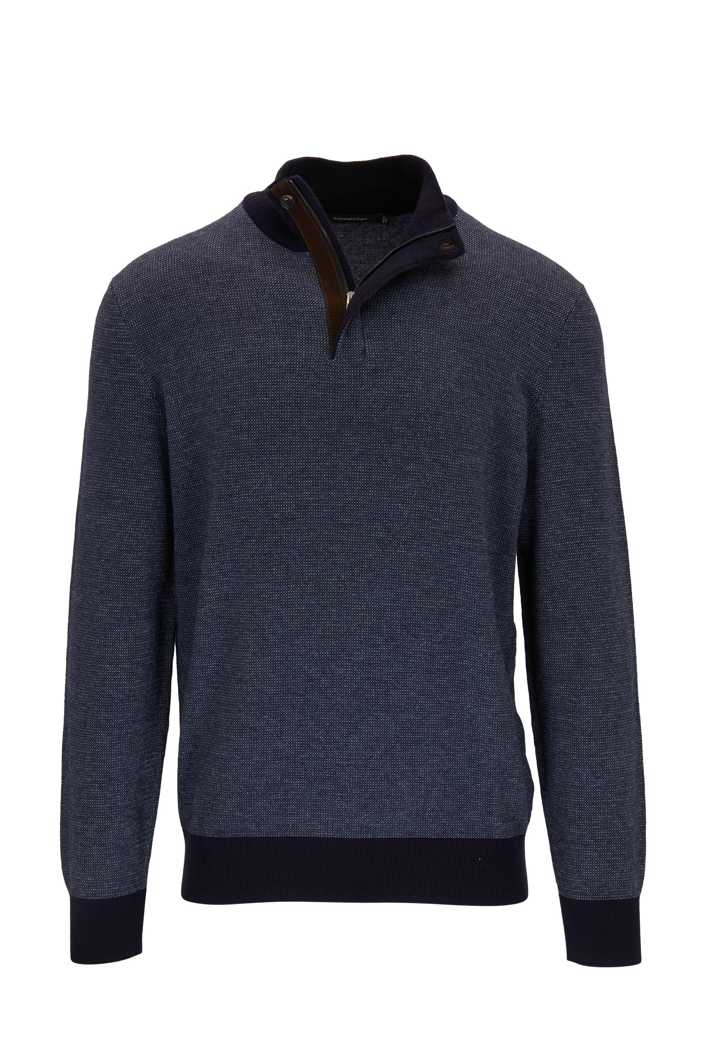 Zegna - Navy Blue Birdseye Quarter-Zip Pullover