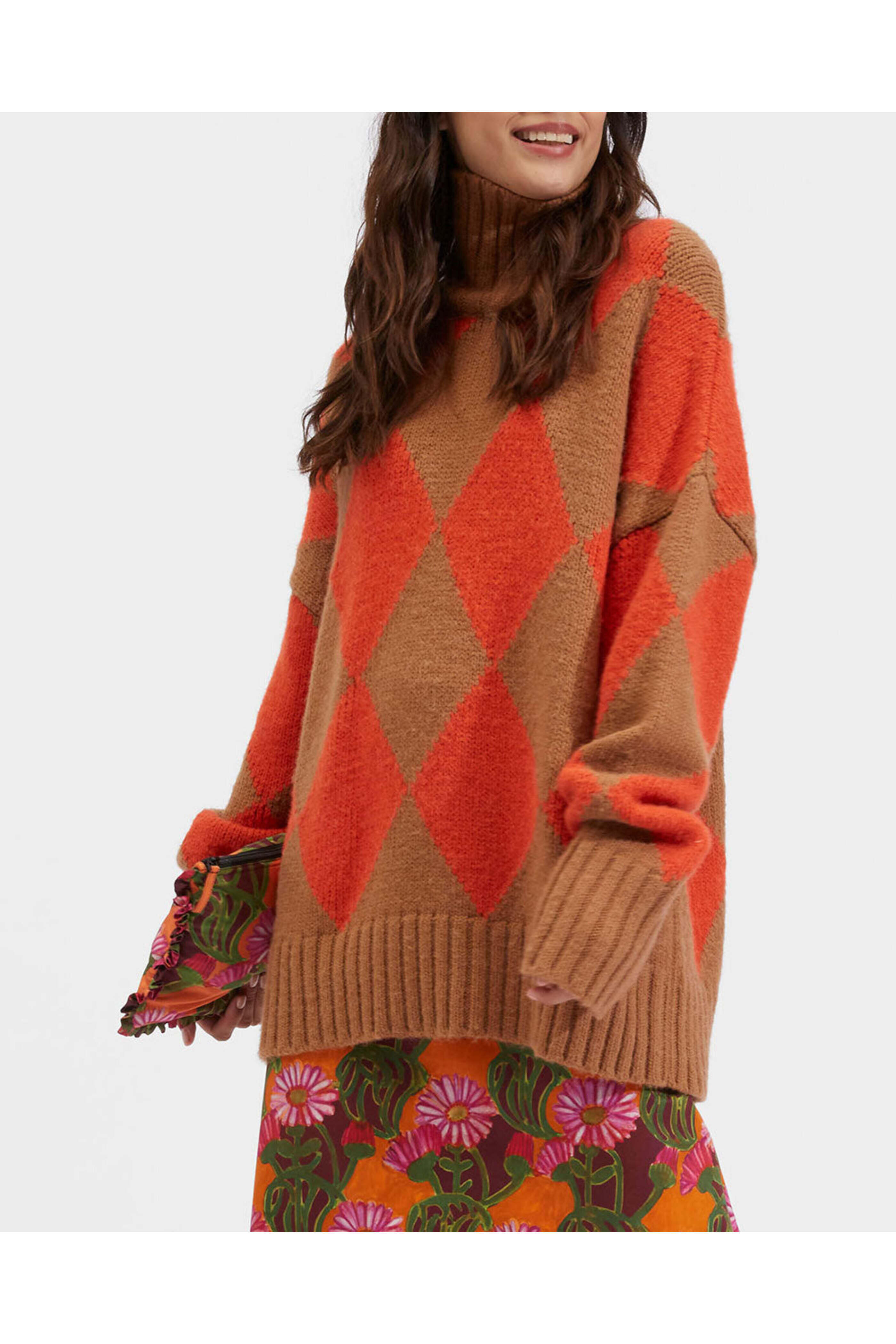 La DoubleJ - Camel and Orange Argyle Turtleneck Sweater