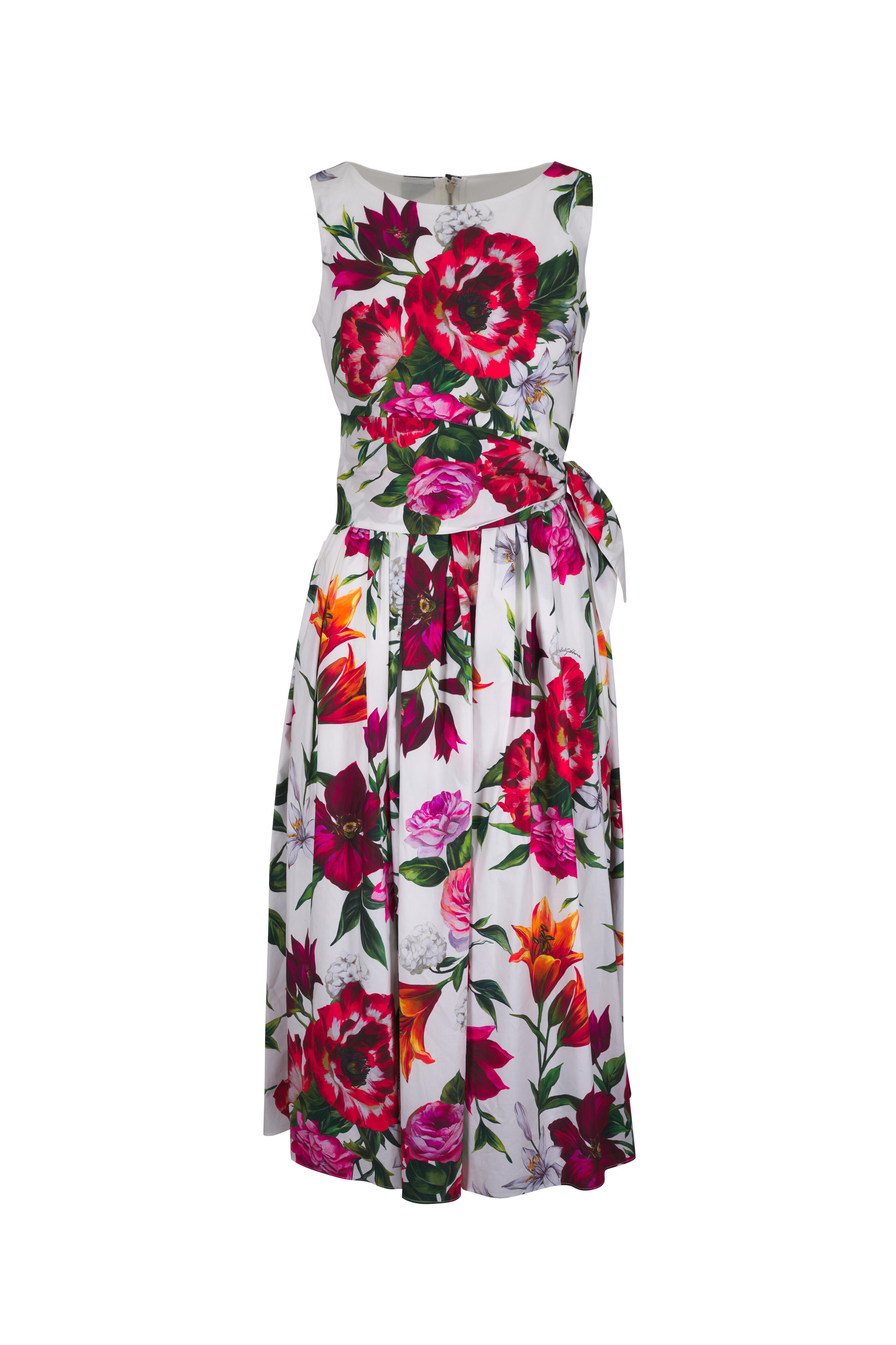 Dolce & Gabbana - White Multi Floral Print Poplin Midi Dress