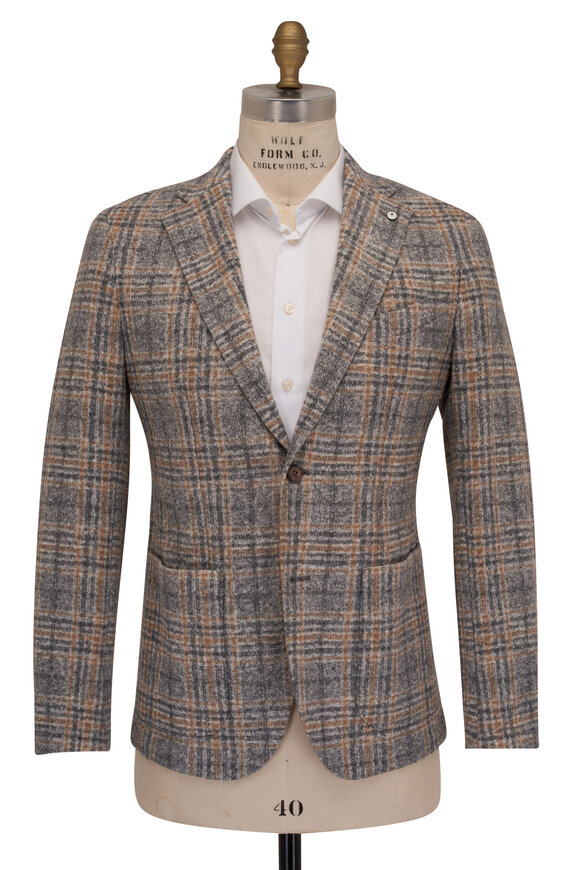 L.B.M. 1911 - Gray & Tan Overplaid Jersey Sportcoat 