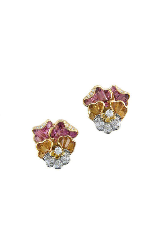 Oscar Heyman - Yellow Gold Citrine Diamond Pansy Flower Earrings