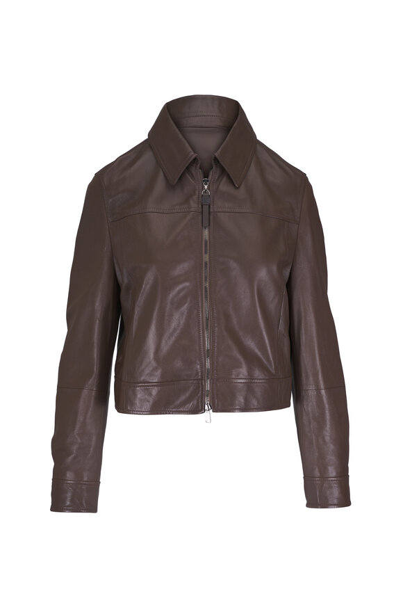 Brunello Cucinelli Smooth Brown Leather Zip Jacket