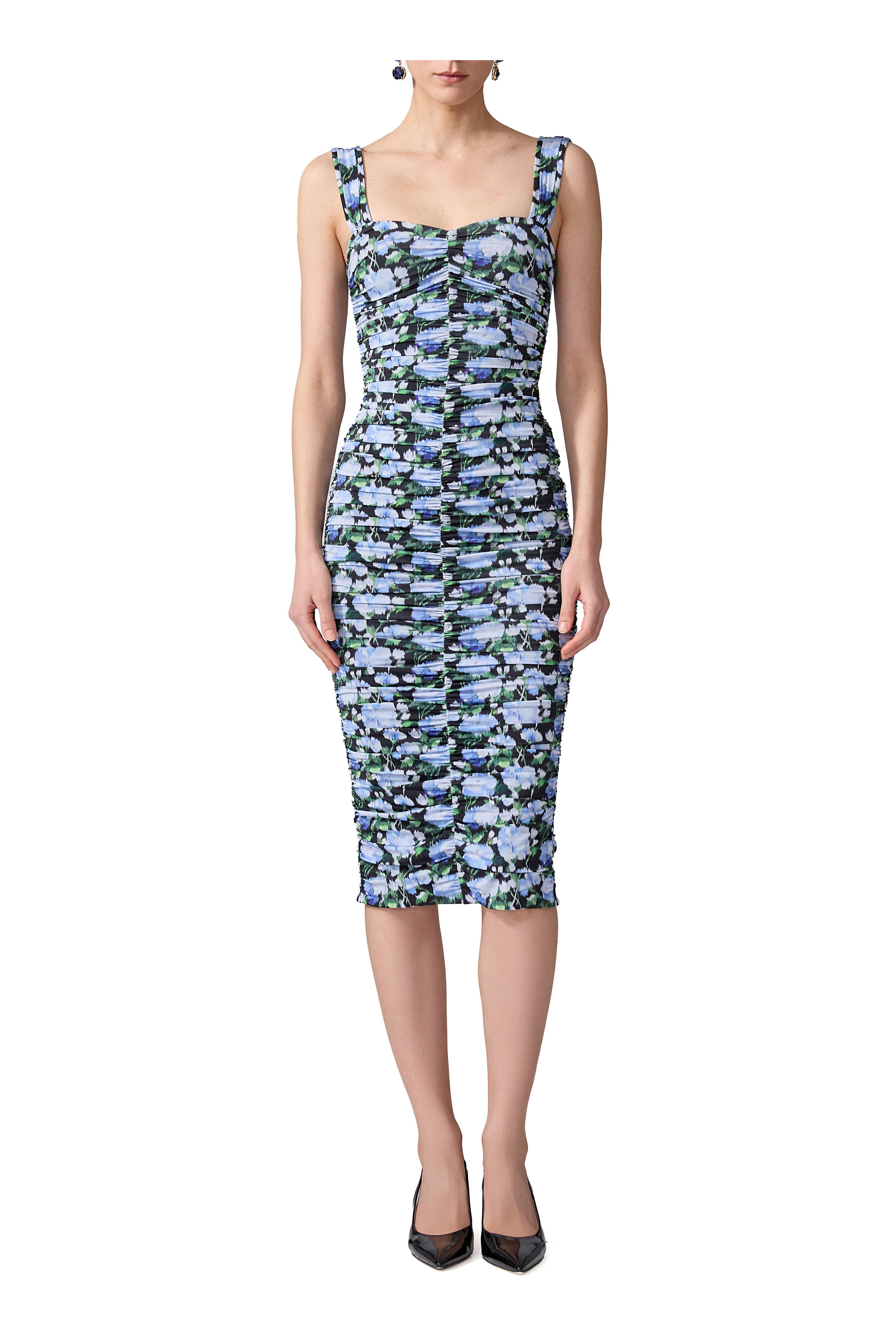 Carolina Herrera - Blue Multi Ruched Peony Print Dress