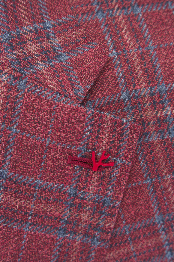 Isaia Dark Red Rustic Plaid Wool, Silk & Linen Sportcoat - view 4
