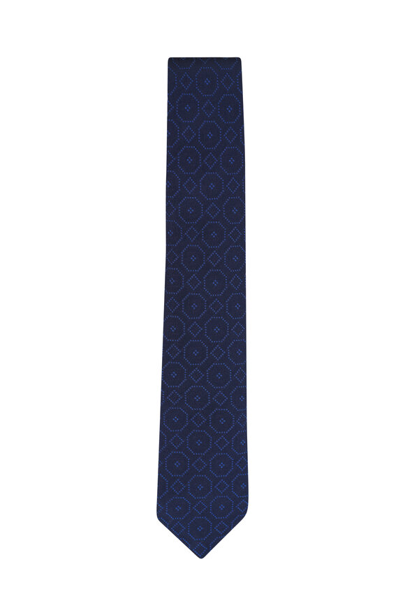 Brunello Cucinelli Navy Geometric Print Silk Necktie