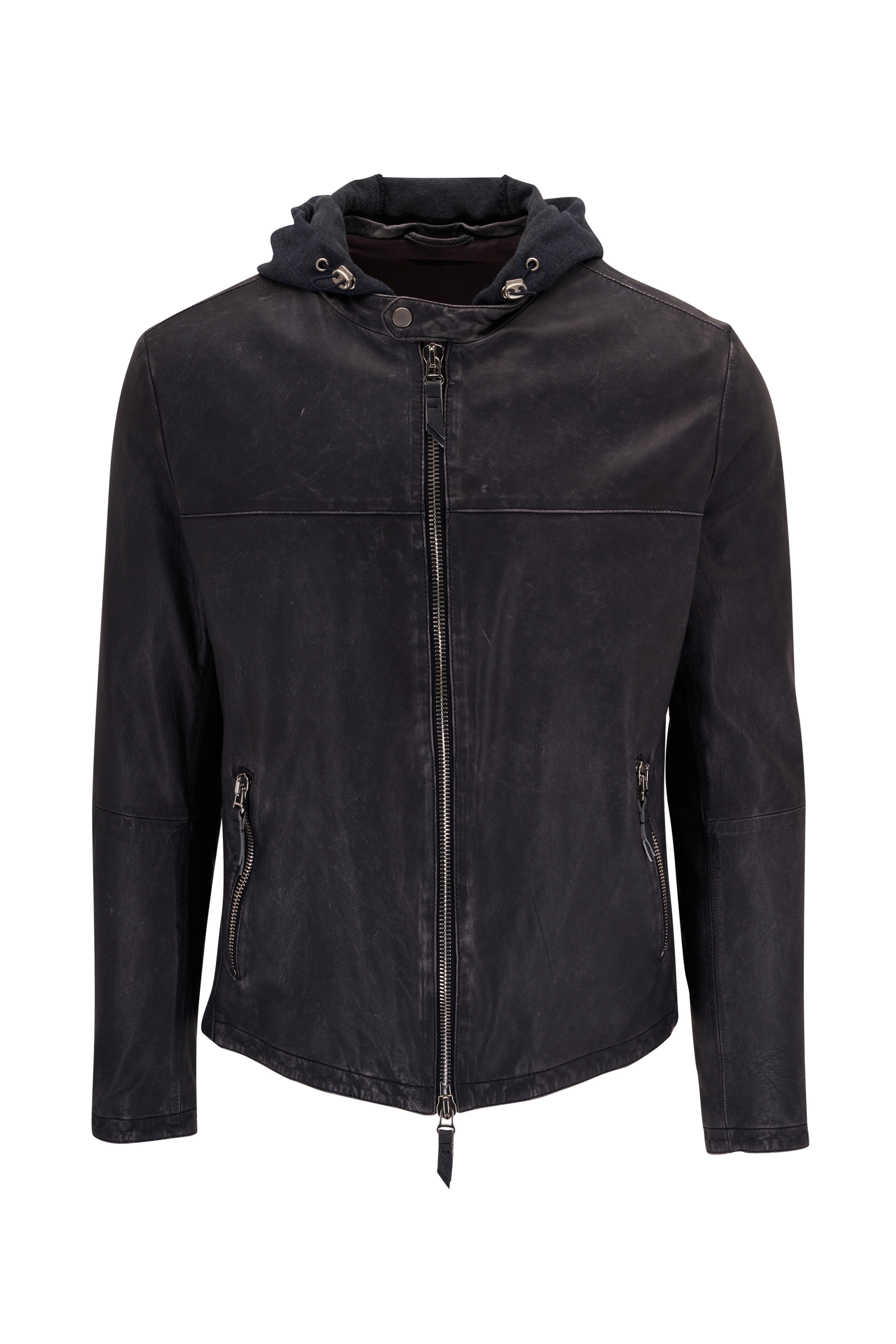 Gimos - Black Nappa Leather Hooded Moto Jacket | Mitchell Stores