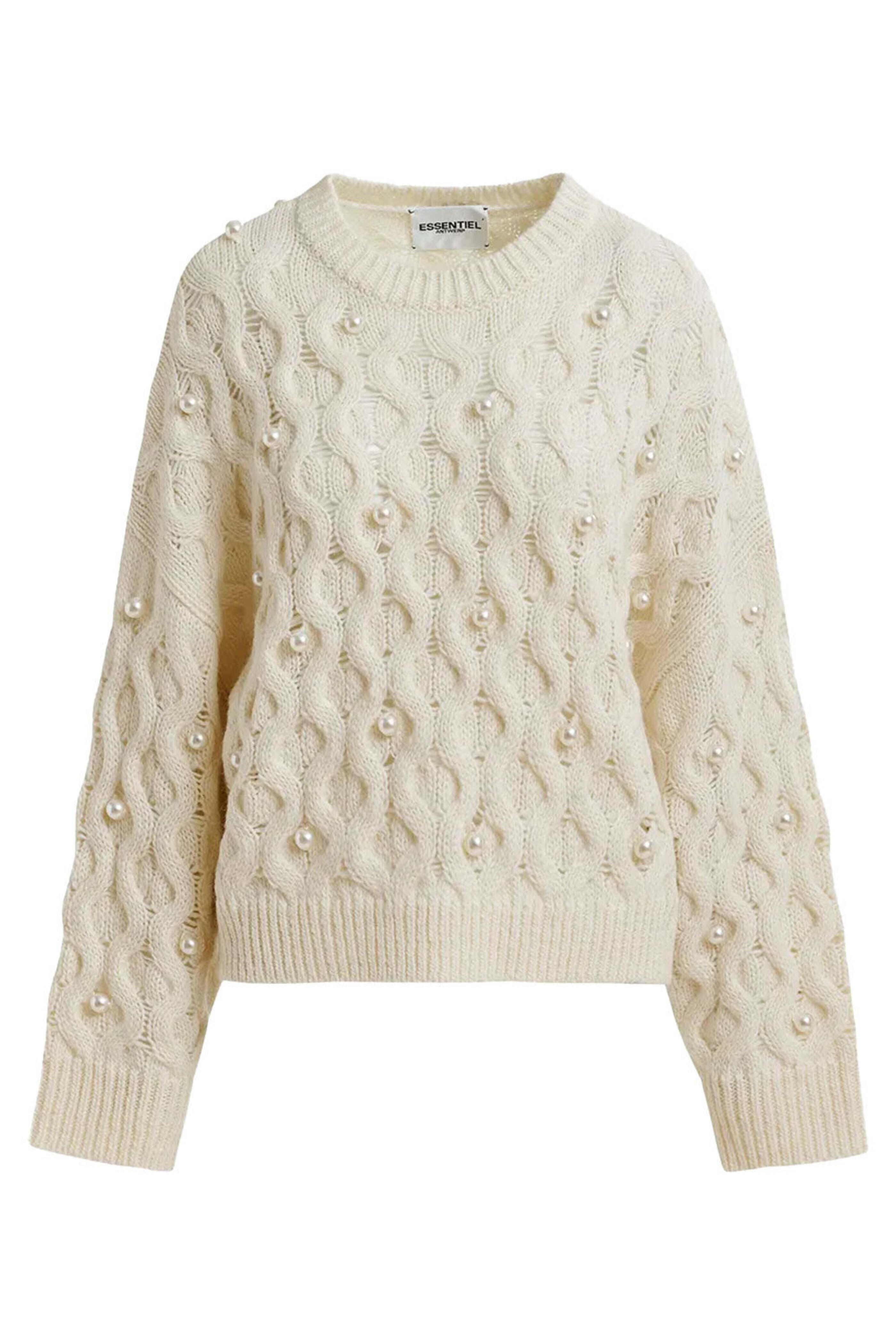 Essentiel Antwerp - Off White Pearl Embellished Cable Knitted Sweater