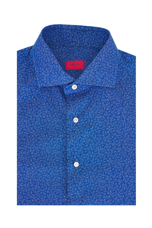 Isaia Blue Chambray Floral Cotton Sport Shirt