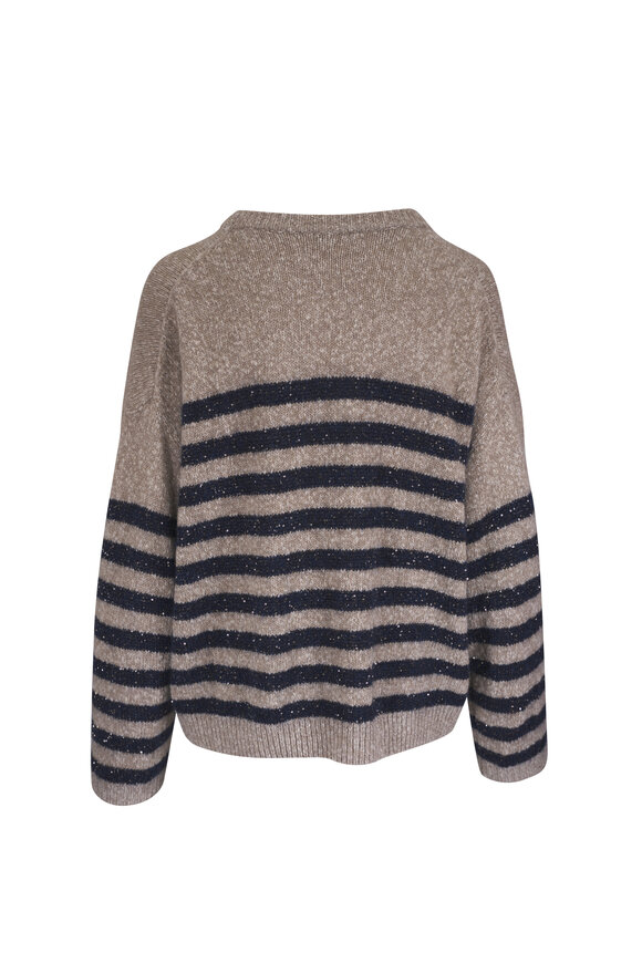 Brunello Cucinelli Brown & Navy Stripe Diamante Crewneck Sweater - view 3