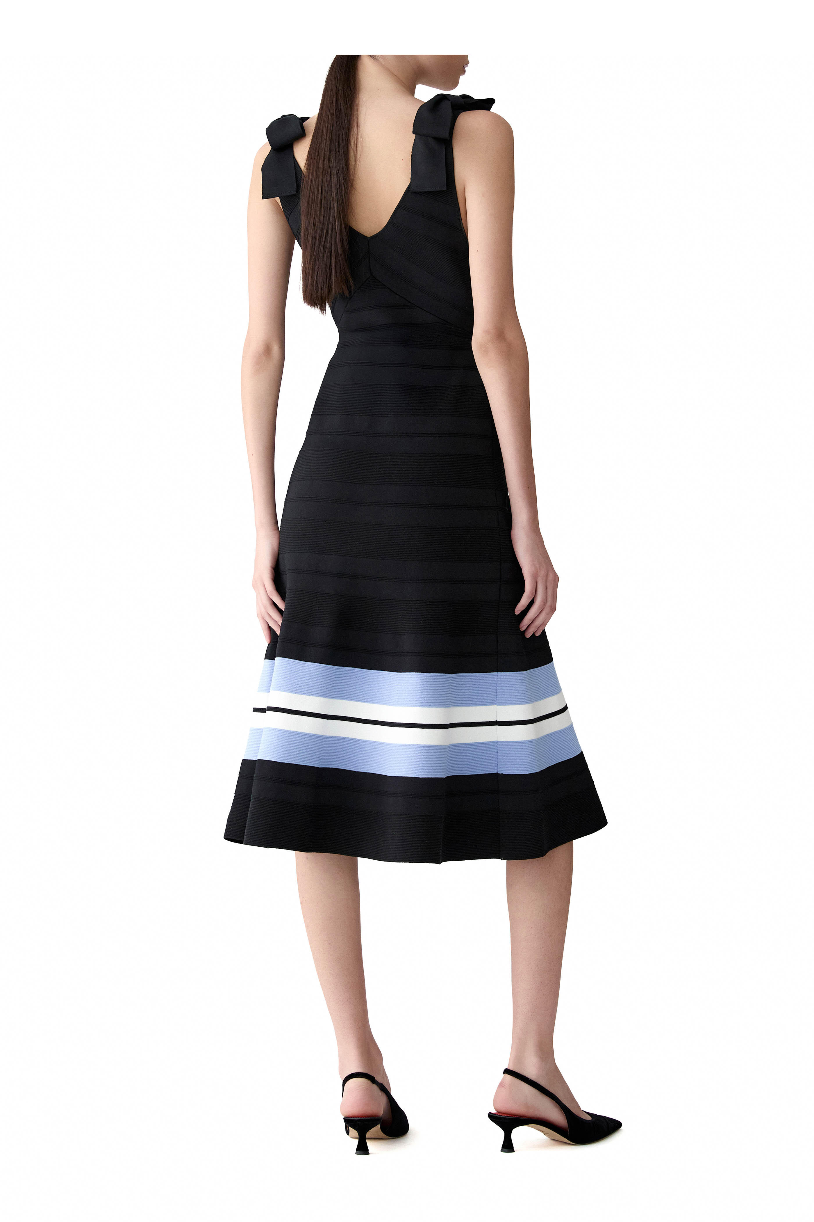 Carolina Herrera - Black Multicolor Stripe V-Neck Flare Dress