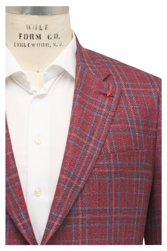 Isaia Dark Red Rustic Plaid Wool, Silk & Linen Sportcoat