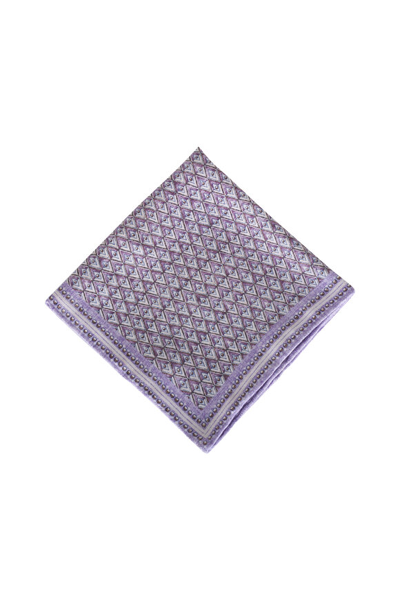 Brunello Cucinelli Lavender Geometric Print Silk Pocket Square