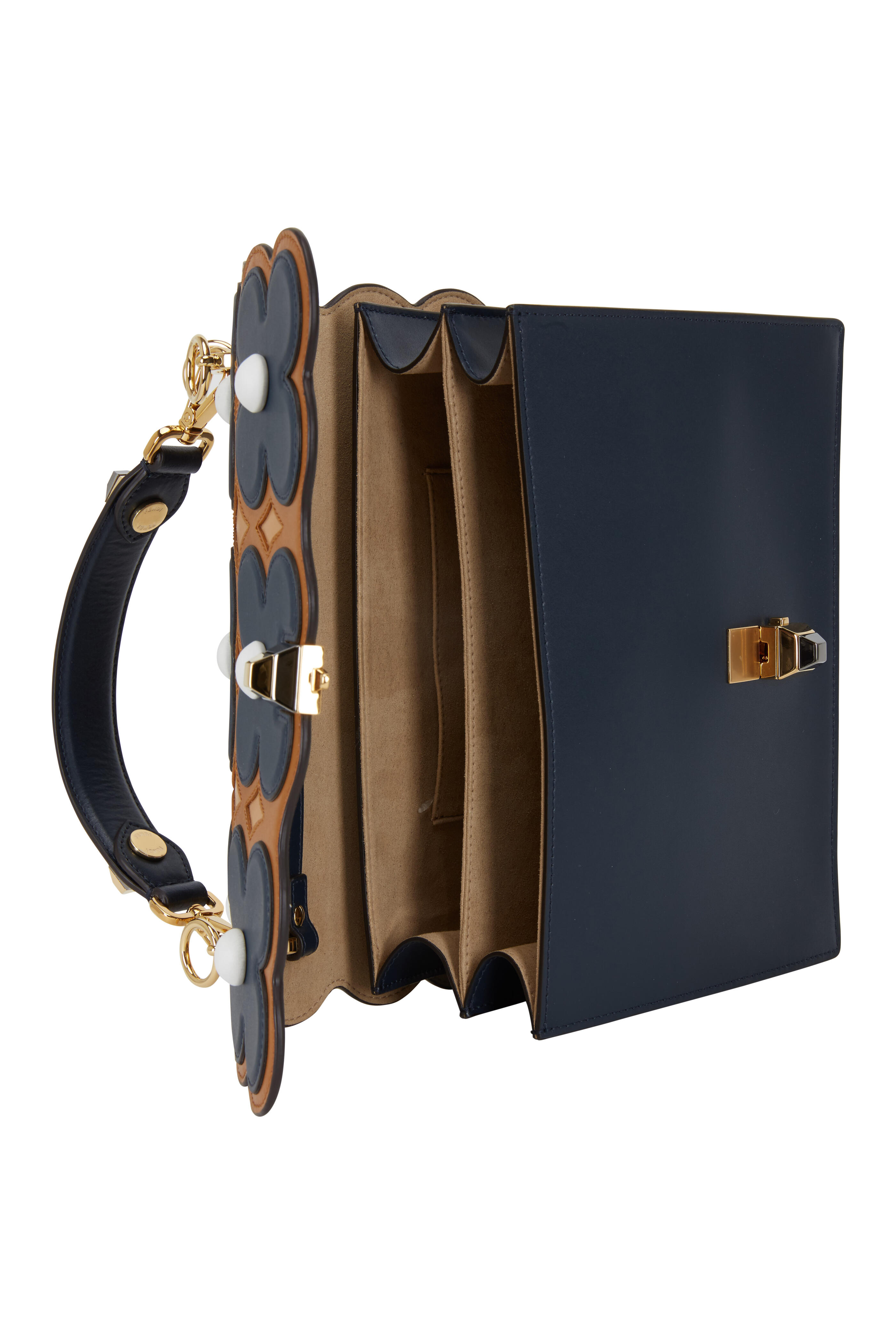 Fendi - Kan I Navy Blue & Caramel Floral Scalloped Bag