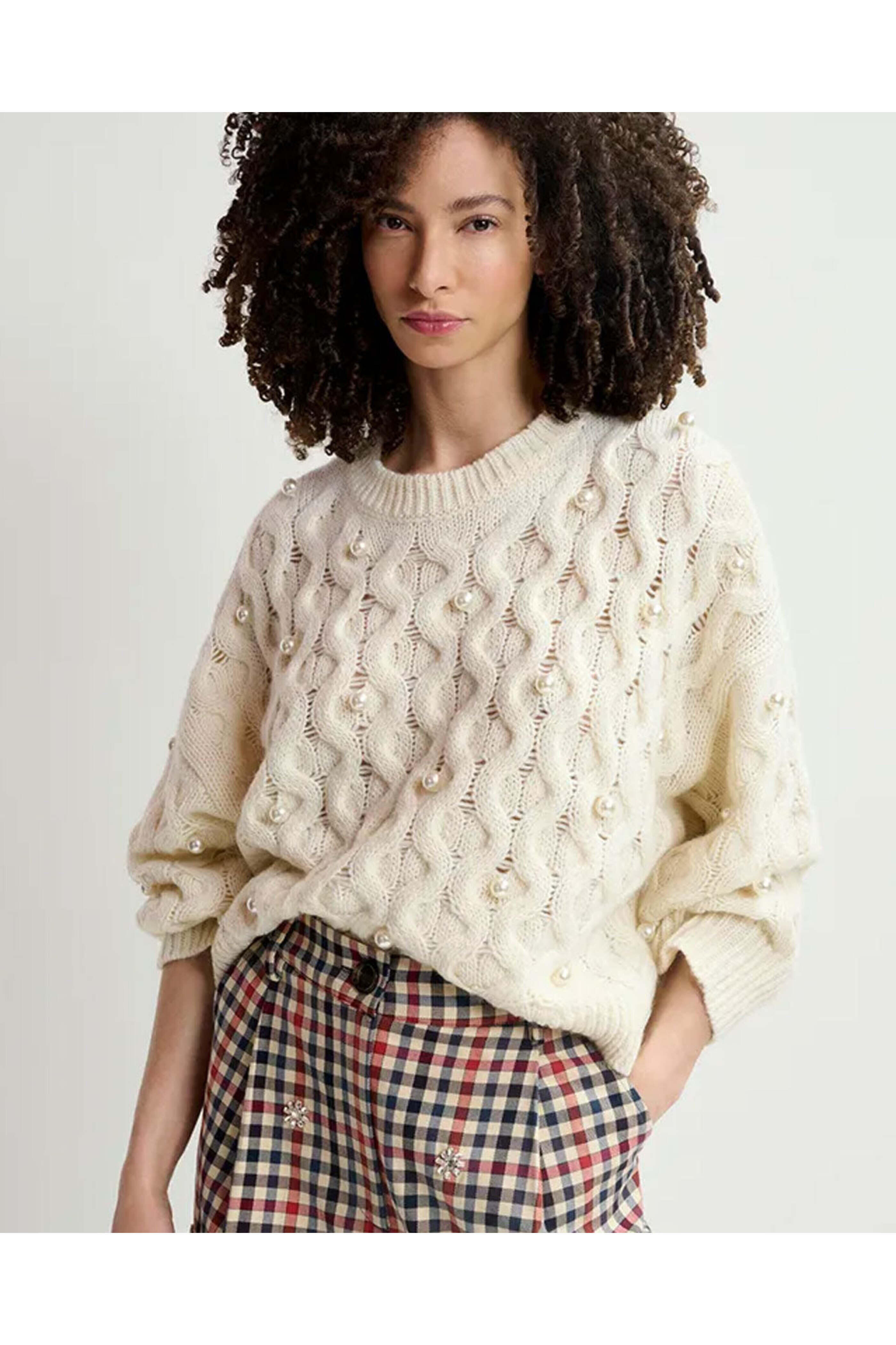 Essentiel Antwerp - Off White Pearl Embellished Cable Knitted Sweater
